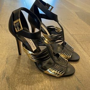 Jimmy Choo metallic and black leather high heel sandals womens 40